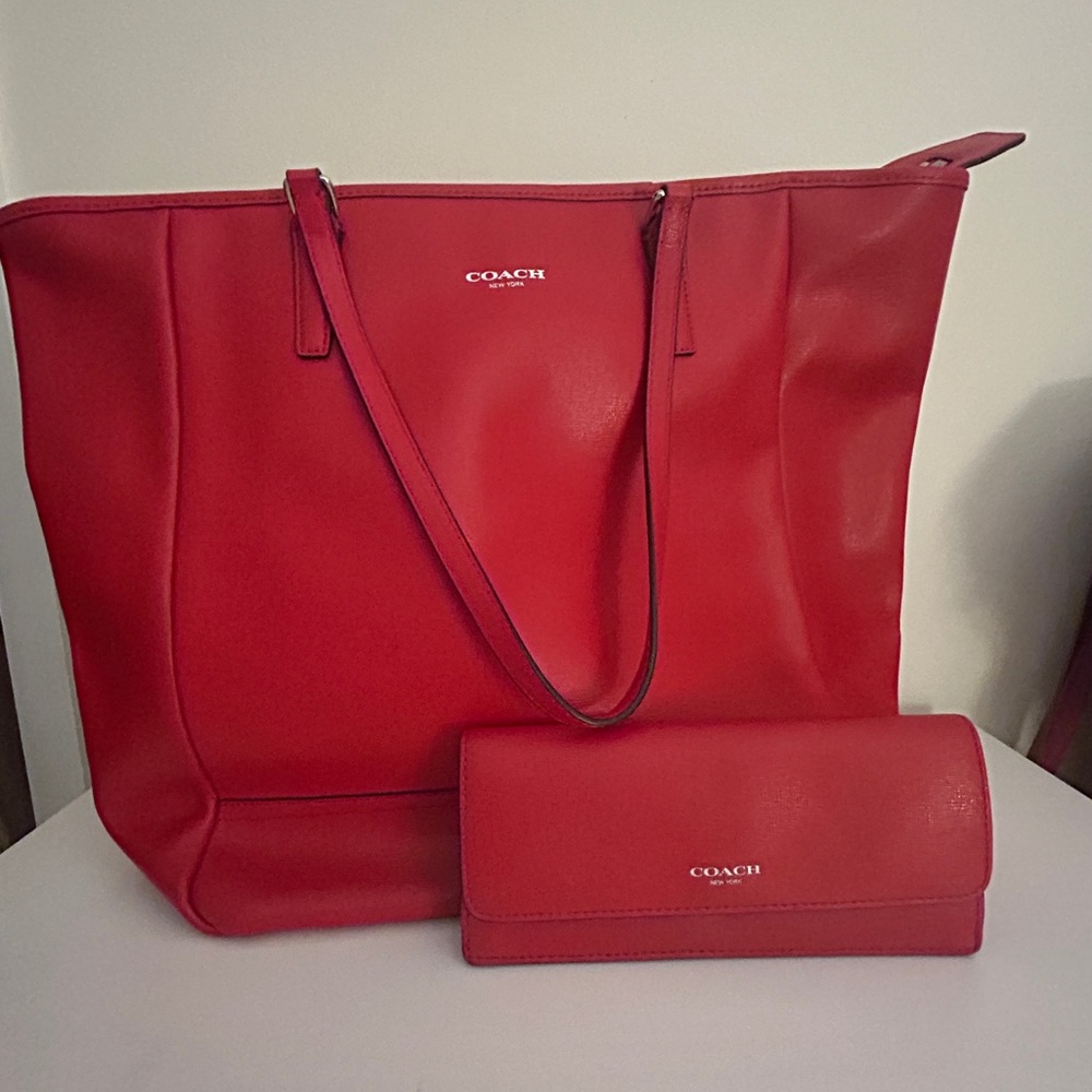 Red Leather Coach Tote Bag & Wallet